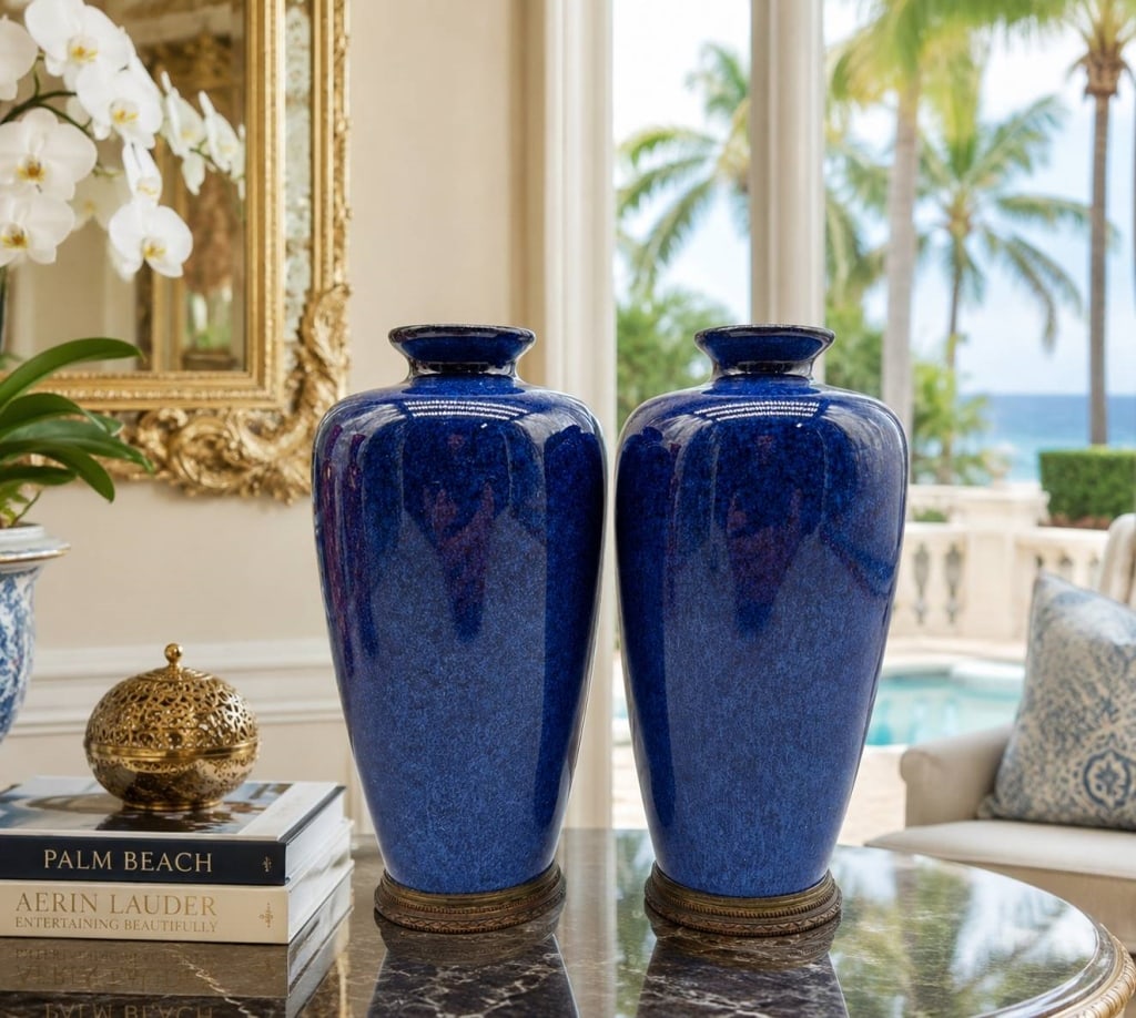 PAIR SEVRES COBALT BLUE PORCELAIN VASES 6.5": .
