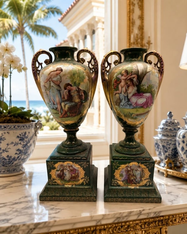 PAIR ANTIQUE PORCELAIN PORTRAIT URNS 14.5": Impressive pair of antique Continental porcelain pedestal urns, each richly decorated in deep forest green with extensive gilt ornamentation and finely painted figural scenes. The baluster-form bodies