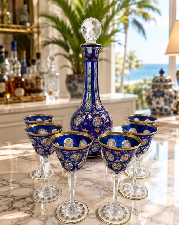 COBALT BLUE ENAMELED GLASS DECANTER SET 15": A striking seven-piece decorative glass decanter and stemware set, comprising one tall decanter with faceted crystal stopper and six matching goblets. The set features brilliant cobalt blue decoration
