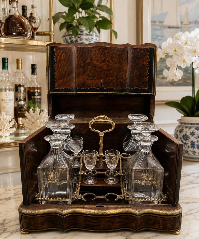 ANTIQUE FRENCH BURL WOOD LIQUOR TANTALUS 14": Exceptional antique French traveling liquor tantalus or gentleman's portable bar cabinet, finely crafted in richly figured burl wood with contrasting ebonized borders, gilt line inlay, engraved gilt-b