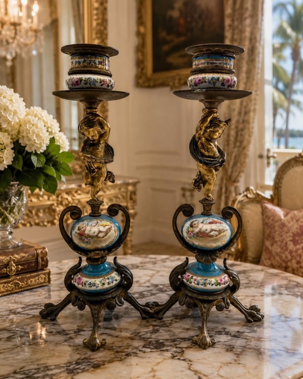 PAIR ANTIQUE PORCELAIN BRONZE CHERUB CANDLESTICKS (1 of 9)