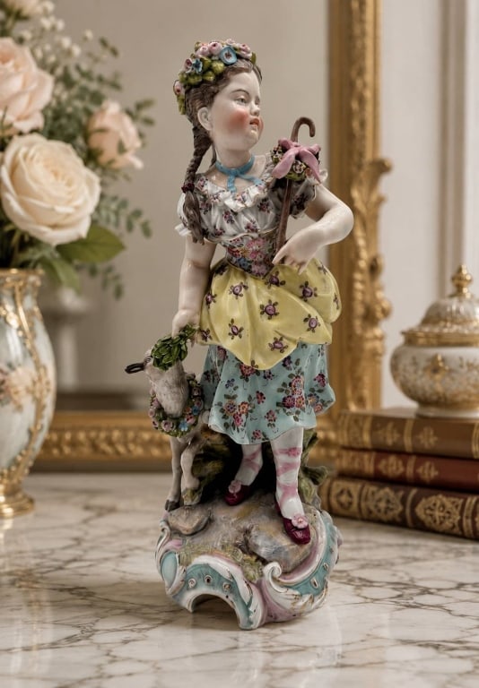 ANTIQUE PORCELAIN SHEPHERDESS FIGURE 14" (1 of 11)