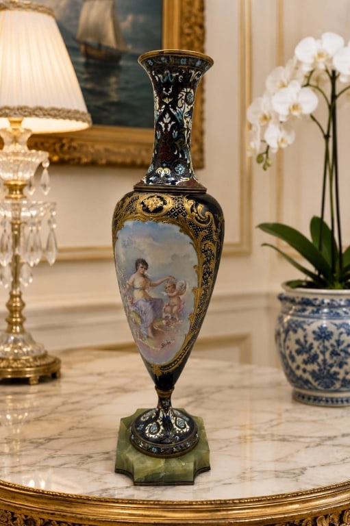 ANTIQUE ENAMELED PORCELAIN VASE 16": Elegant antique Continental porcelain and enamel mounted vase featuring a tall baluster form with an elongated flared neck and richly detailed decoration. The body is centered by a hand-painted romant