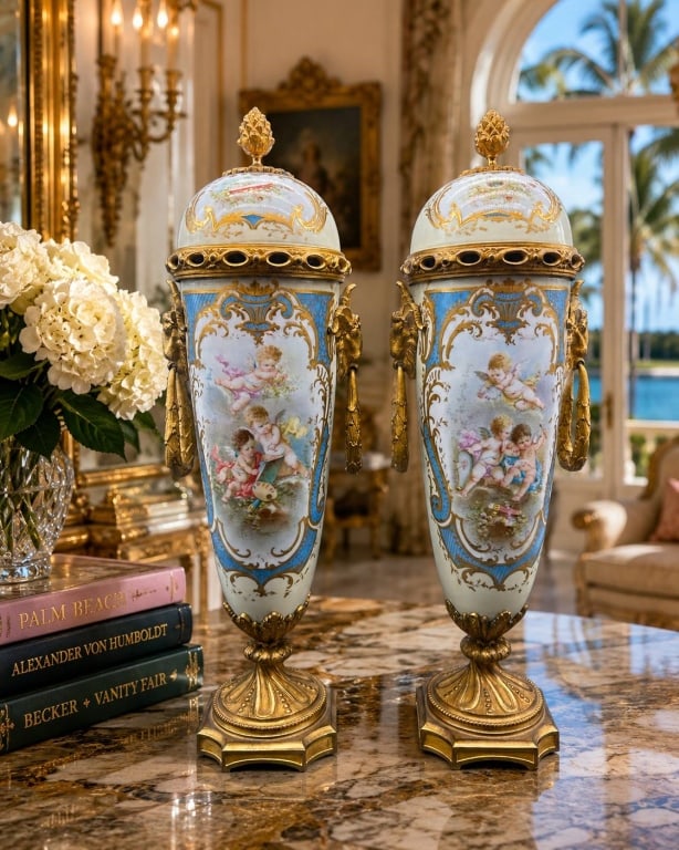 PAIR FRENCH PORCELAIN BRONZE LARGE URNS 17": Impressive matched pair of French porcelain covered urns in the Louis XVI taste, each richly decorated with hand-painted figural scenes of playful cherubs within elaborate gilt and pale blue Rococo-st