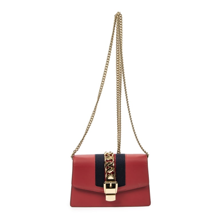 GUCCI SUPER MINI WEB SYLVIE CHAIN CROSSBODY: GUCCI SUPER MINI WEB SYLVIE CHAIN CROSSBODY CALFSKIN LEATHER Dimensions (CM): 16.5*11*4cm Production Code: 494646 2149 AA AAW9309
