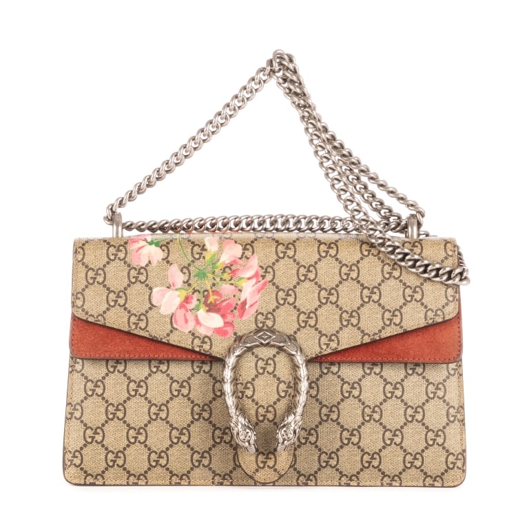 GUCCI SMALL BLOOMS DIONYSUS SUPREME BLOOMS BAG: GUCCI SMALL BLOOMS DIONYSUS SUPREME BLOOMS COATED CANVAS/SUEDE LEATHER Dimensions (CM): 27.5*17*4cm Production Code: 400249-498879 A EAH1056