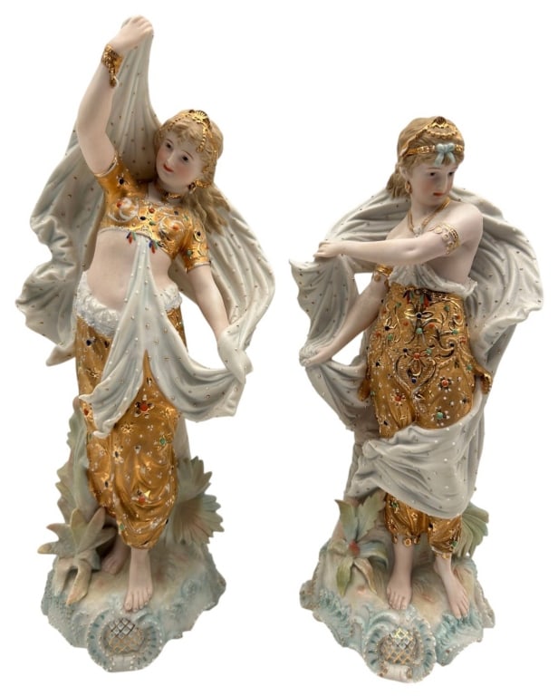 PAIR ANTIQUE PORCELAIN ORIENTALIST FIGURES 12" (1 of 10)