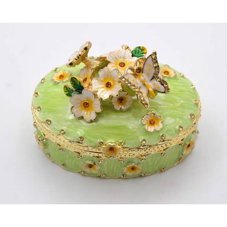 JAY STRONGWATER STYLE BUTTERFLY TRINKET BOX: floral trinket box is an elegantly designed by an artist by hand. Each box is hand painted so details may vary slightly. Hand Set Austrian crystal bling accents the piece with elegance and sparkle. Hi