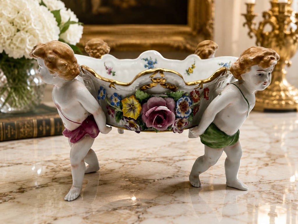 VON SCHIERHOLZ CHERUB FLORAL CENTERPIECE 13": Elegant German porcelain centerpiece by Von Schierholz, featuring a large scalloped oval bowl supported by four figural cherubs. The bowl is beautifully decorated with hand-painted floral sprays, appl