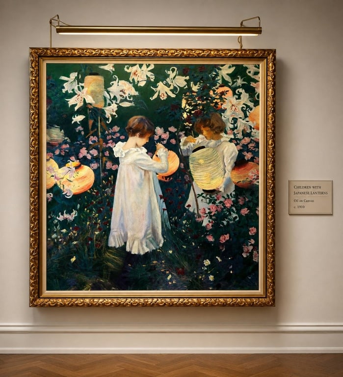 CHILDREN WITH JAPANESE LANTERNS PAINTING 53" (1 of 7)