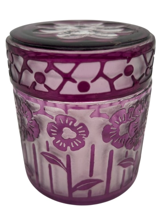 ART DECO CAMEO FRENCH GLASS FLORAL BOX 3.5": Elegant Art Deco-style cameo glass covered dresser box in a rich amethyst-purple tone with frosted floral decoration. The cylindrical body is decorated with stylized flowers, leaves, and geometric mot