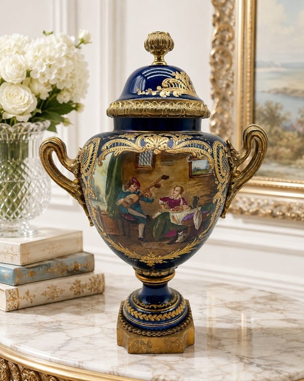 SEVRES STYLE COBALT PORCELAIN URN 11": .