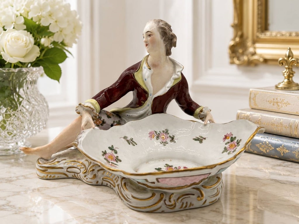MRA ROMANIAN HAND PAINTED FIGURAL BOWL 10": Decorative hand-painted Romanian porcelain figural centerpiece bowl by MRA, featuring an elegant seated gentleman in 18th-century-inspired attire positioned behind a large scalloped serving bowl. The 