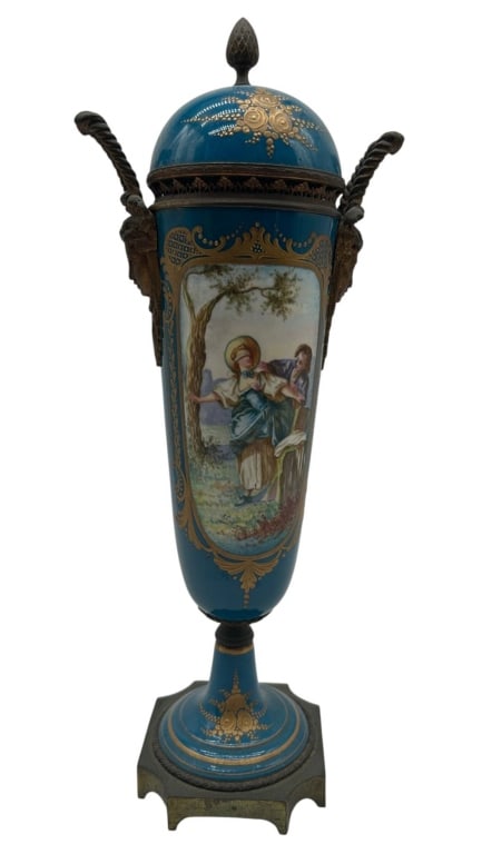 FRENCH PORCELAIN BRONZE COVERED URN 16": Elegant antique French porcelain and bronze-mounted covered urn, approximately 16" tall, featuring a rich turquoise-blue ground embellished with raised gilt floral decoration and elaborate hand-painte