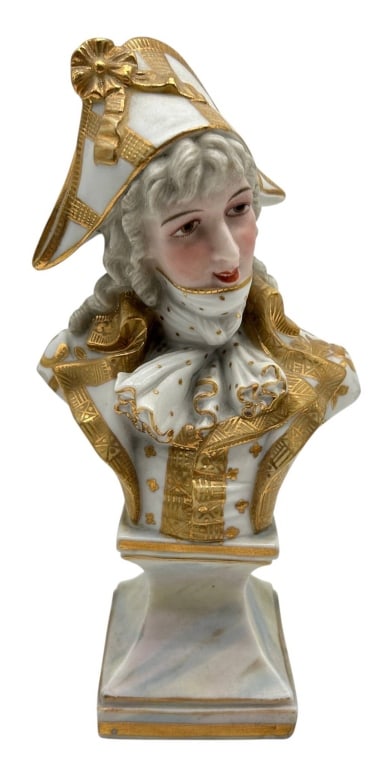 ANTIQUE GILT PORCELAIN LADY BUST 8": Elegant antique Continental porcelain bust depicting an aristocratic lady in elaborate 18th-century court dress. Finely modeled with a tall bonnet, curled gray hair, delicately painted facial features