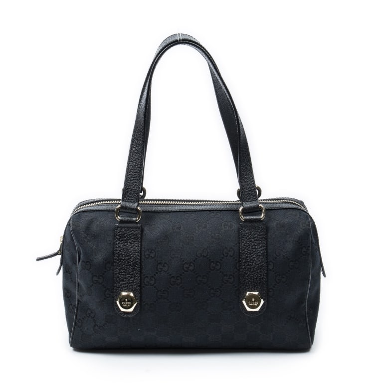 GUCCI CHARMY BOSTON BLACK MONOGRAMMED BAG: GUCCI CHARMY BOSTON BLACK MONOGRAMMED CANVAS GOLD Dimensions (CM): 29*17*10cm Production Code: 152457-491403 AA ABC8430