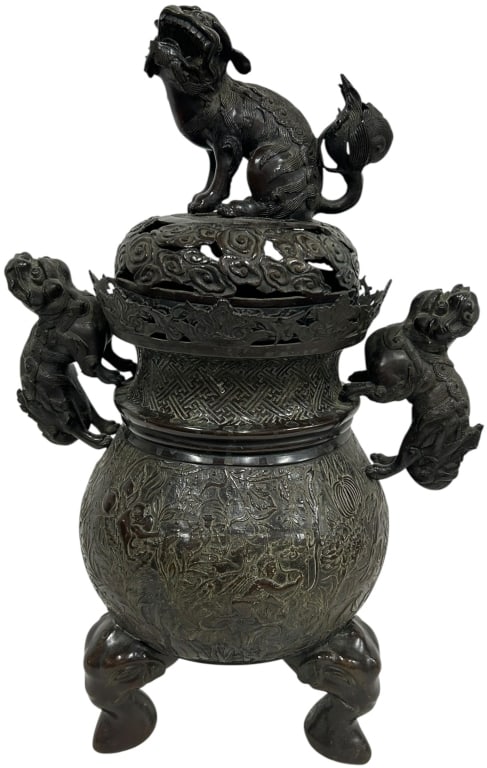 ANTIQUE ASIAN BRONZE CENSER FOO DOG FINIAL 21" (1 of 10)