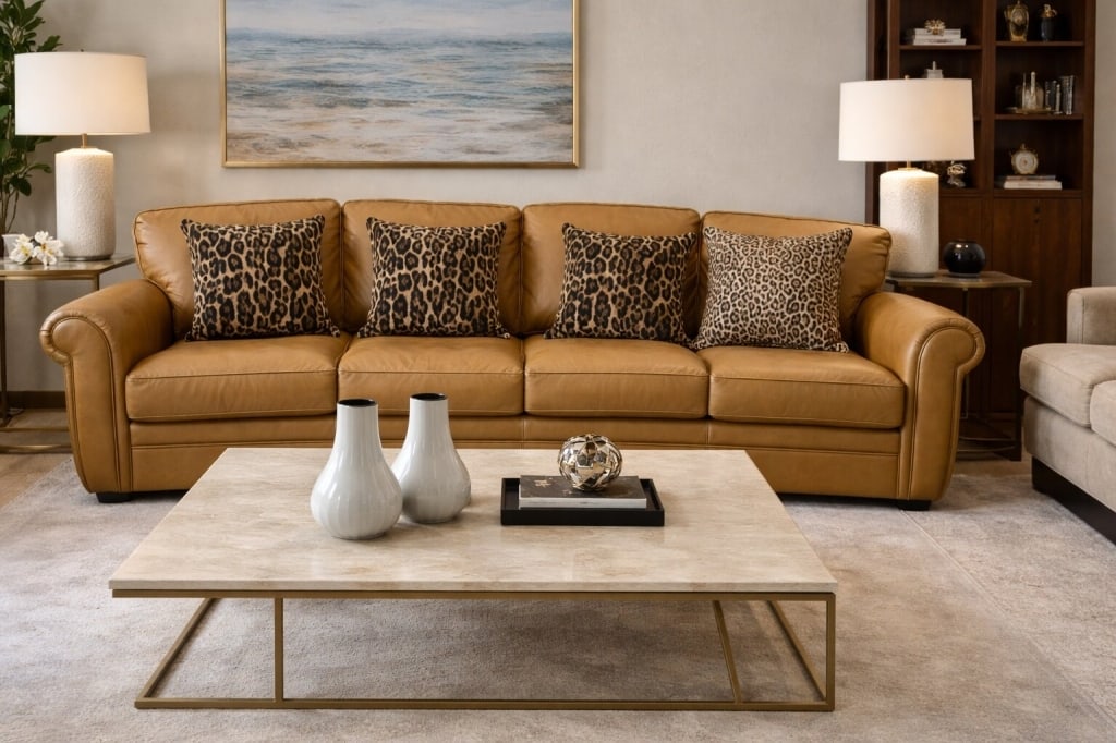 CONTEMPORARY CURVED TAN LEATHER PALLISER SOFA 115 (1 of 7)