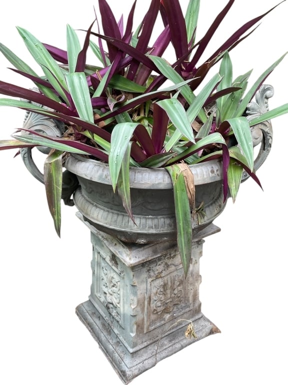 CAST IRON URN PLANTER ON PEDESTAL 35: .