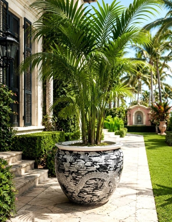 VINTAGE ASIAN DRAGON PLANTER: This large Asian-style ceramic planter features a striking black and white decorative design with a sinuous dragon soaring through stylized clouds and traditional auspicious motifs. The generously pro