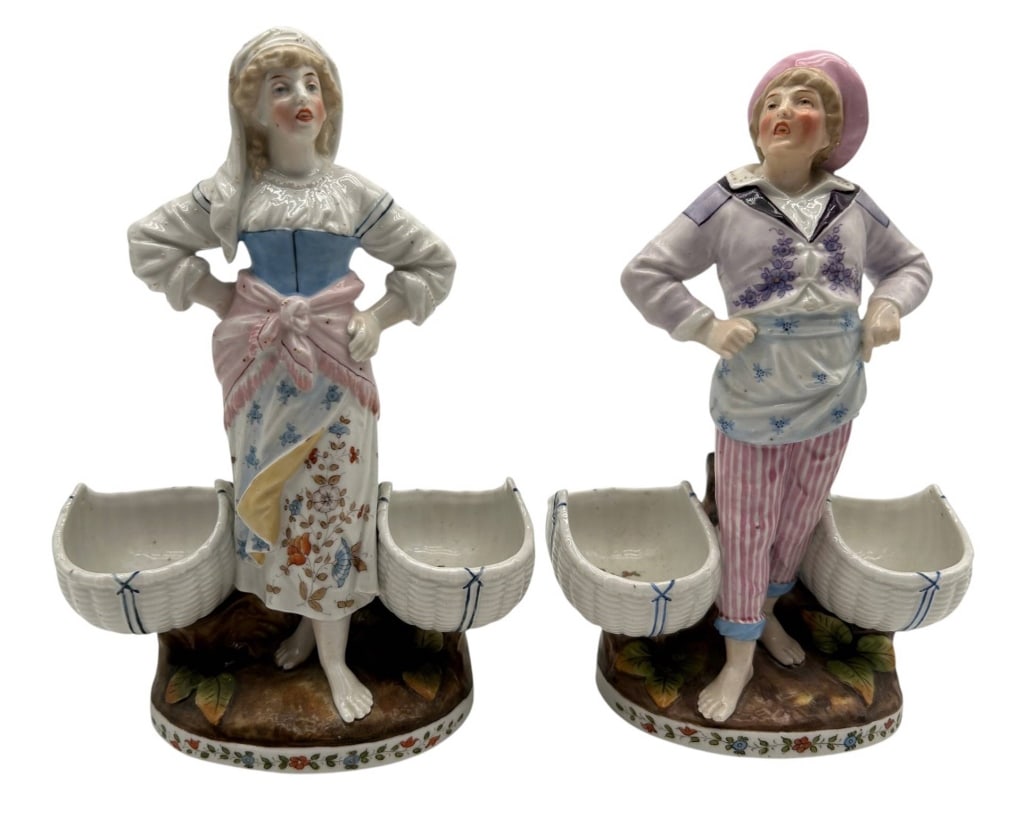 PAIR PORCELAIN FIGURAL DOUBLE SALTS 9" (1 of 9)