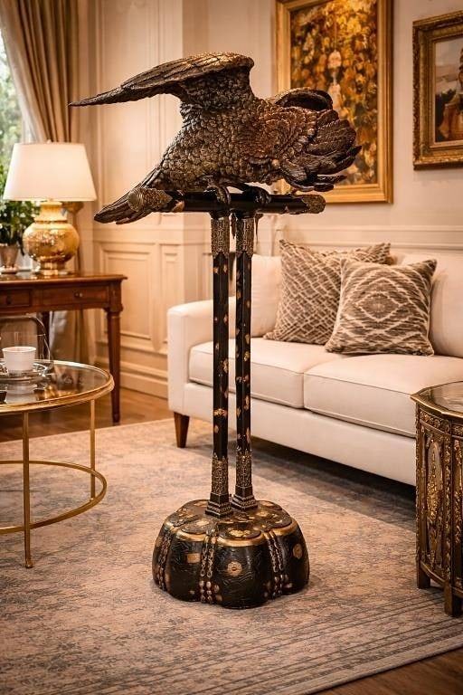 MASSIVE BRONZE MOLUCCAN COCKATOO SCULPTURE 58": Striking antique-style floor sculpture featuring a detailed cockatoo perched atop a tall decorative pedestal. The bird is rendered with finely textured plumage in bronze and copper tones, accented wit