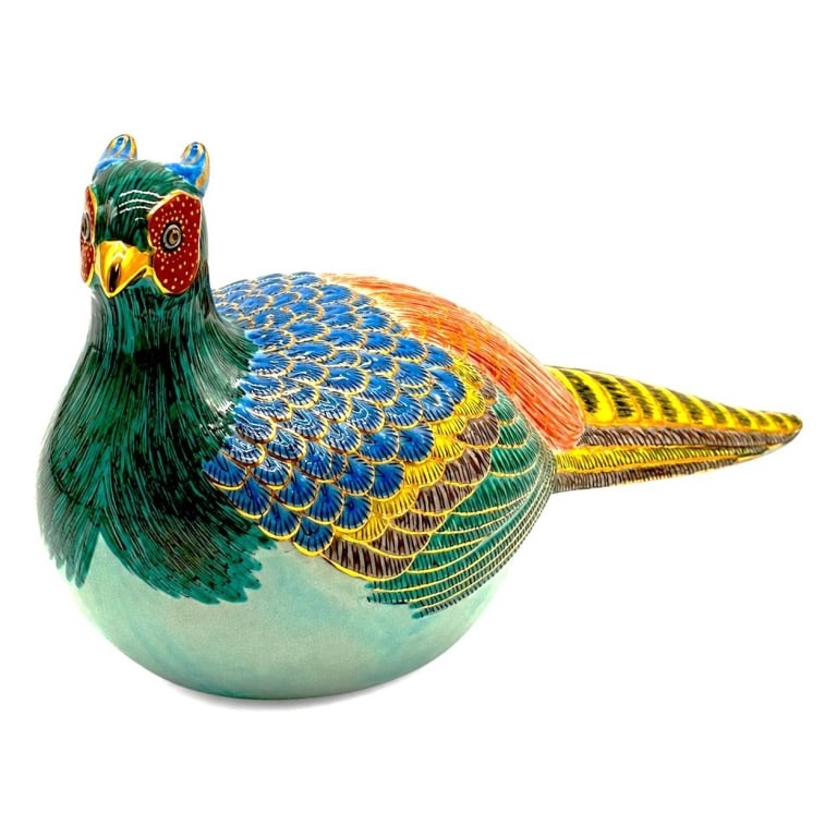 JAPANESE KUTANI GILT PORCELAIN PHEASANT 12": Vintage Japanese Kutani porcelain pheasant sculpture, richly hand decorated in jewel-tone enamels with extensive gilt detailing. The elegant bird features an emerald-green neck, cobalt and turquoise l