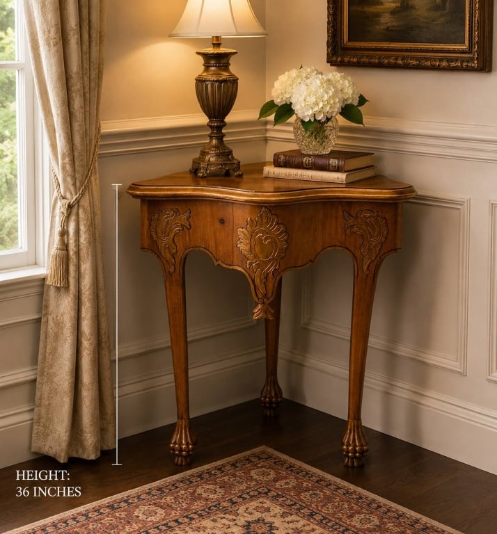 CARVED WOOD TRIANGULAR CORNER TABLE 36": Elegant traditional wood corner table featuring a space-saving triangular form designed to fit neatly into a corner. The table is crafted in a warm wood finish with a shaped top, carved foliate and sc