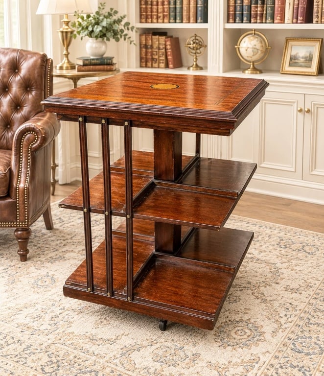 VINTAGE MAHOGANY REVOLVING BOOK TABLE 31": Mahogany revolving library or book table featuring a square top with contrasting figured wood border, fine line inlay, and a decorative circular marquetry medallion at the center. The open architectur