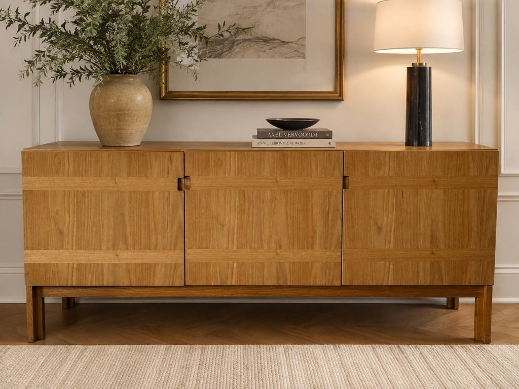 MID CENTURY MODERN OAK SIDEBOARD 71": Handsome Mid-Century Modern long sideboard or credenza crafted in warm oak with clean Scandinavian-inspired lines. Features three large paneled cabinet doors with integrated recessed wood pulls, attra
