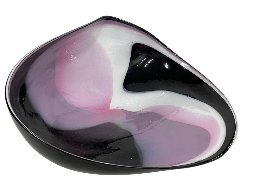 SIGNED MURANO STYLE ART GLASS OWL 23": Striking Murano-style art glass bowl featuring an organic, asymmetrical sculptural form with fluid freeform curves. Executed in layered black, white, and soft blush-pink tones with a high-gloss finish