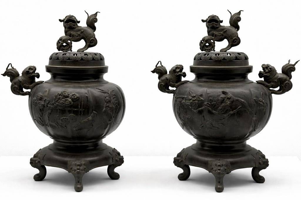 CHINESE BRONZE CENSER FOOD DOG FINIAL PAIR 17" (1 of 11)
