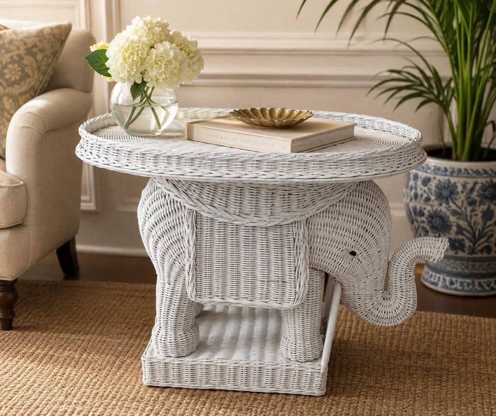 WHITE WICKER ELEPHANT SIDE TABLE 29" (1 of 7)