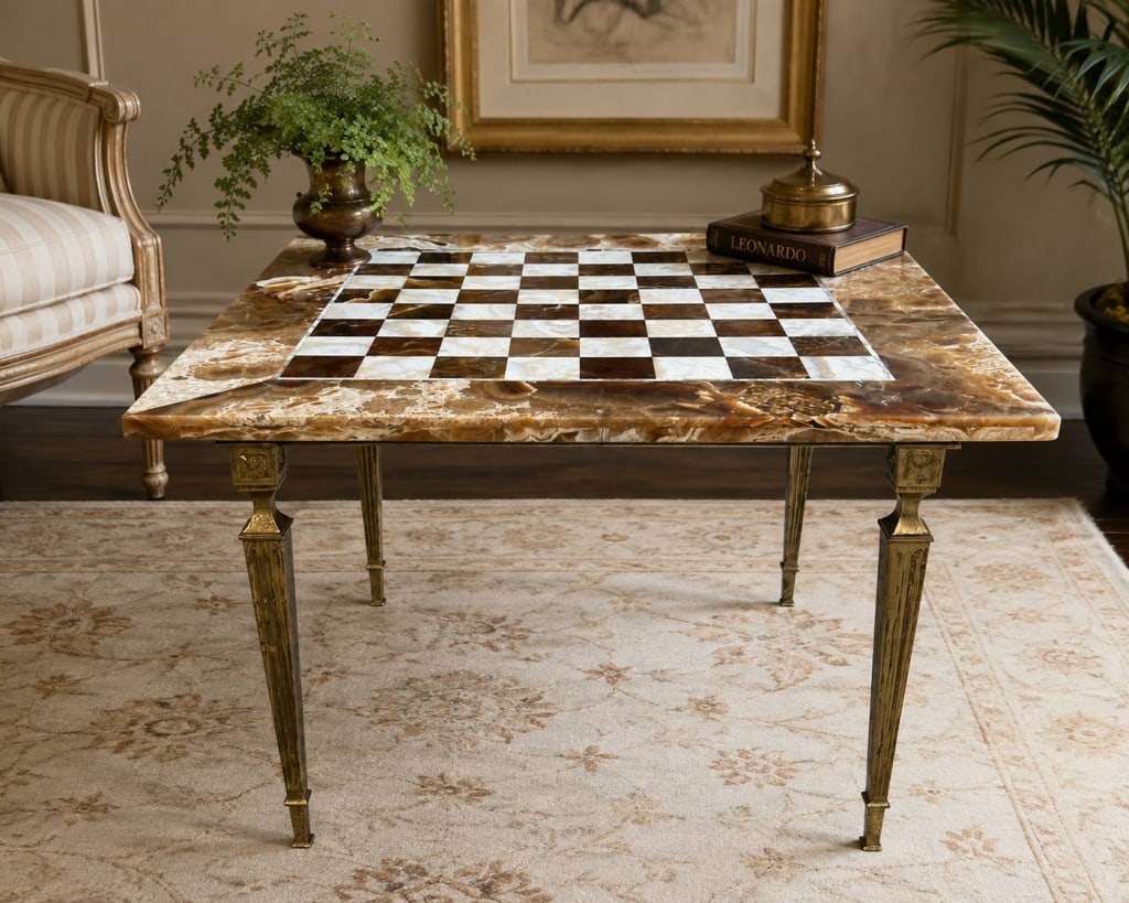 ONYX MARBLE CHESS GAME TABLE 26": Elegant vintage chess/game table featuring a richly figured brown, caramel and cream onyx or marble top with an integrated contrasting stone chessboard. The polished stone displays dramatic natural ve