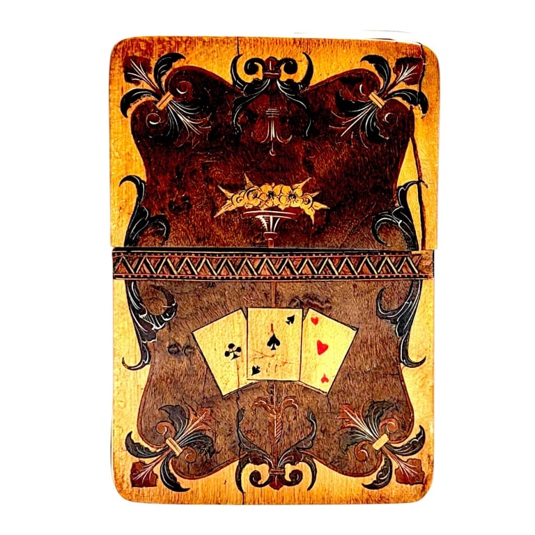 ANTIQUE ASIAN MARQUETRY CARD BOX 4.5": Antique Asian wooden playing card box or card carrier featuring elaborate geometric marquetry and hand-painted decoration. The removable fitted cover and front panels display scrolling foliate motifs 