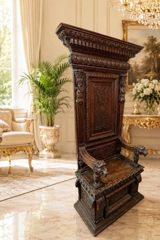 19TH C RENAISSANCE REVIVAL BISHOP THRONE CHAIR 82": Antique, 19th-century Renaissance Revival chay?re or bishop?s throne chair crafted in richly carved oak wood. Features elaborate relief carvings, figural supports, Gothic Revival lion head arm termina