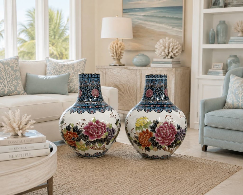 PR LARGE ORIENTAL FLORAL PORCELAIN VASES 19": Decorative pair of large Asian-style porcelain floor vases featuring hand-painted peony blossoms in vibrant pink, yellow, purple, and orange tones against a white ground. The elegant bulbous-form bodi