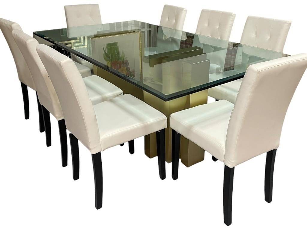 MODERN GLASS TOP DINING TABLE WITH SCULPTURAL BASE (1 of 6)