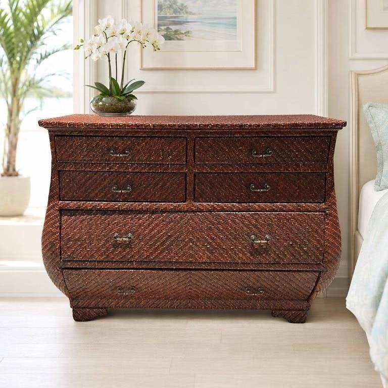WOVEN RATTAN BOMBE CHEST OF DRAWERS 50": Woven rattan bombe-form chest featuring a richly stained brown finish and intricate herringbone-patterned surfaces. The chest is configured with four smaller upper drawers and two wide lower drawers, 