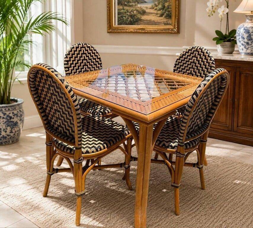 RATTAN & GLASS COASTAL STYLE DINING SET 36": Bring timeless coastal elegance to your home with this attractive five-piece rattan dining set featuring a square glass-top table and four matching woven dining chairs. The table showcases a decorativ
