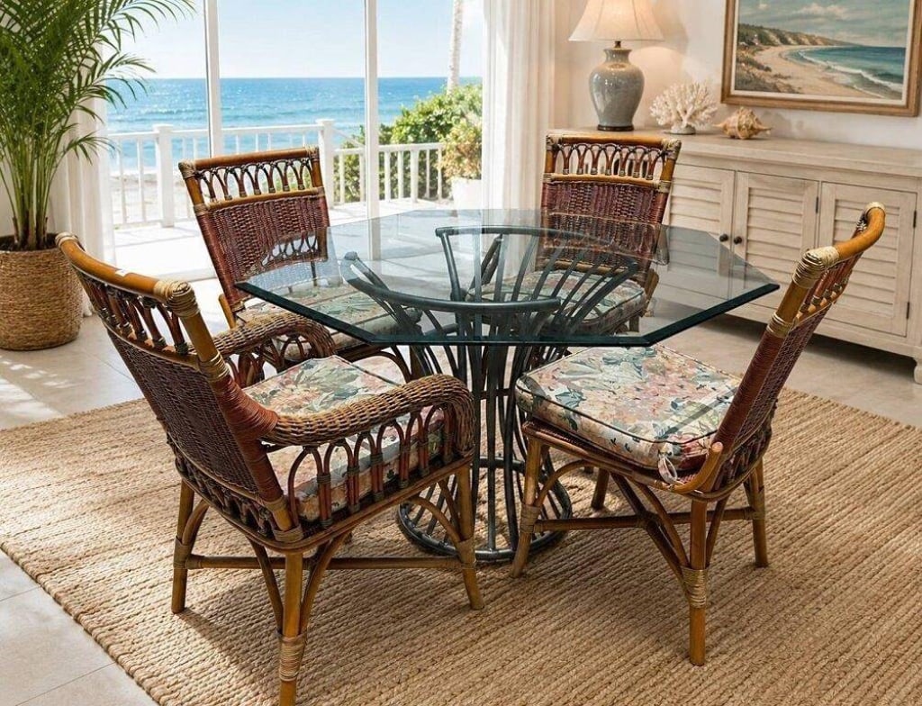 COASTAL RATTAN DINING SET 48": Bring relaxed coastal style to your dining space with this charming five-piece rattan dining set featuring a beveled octagonal glass-top table and four matching woven rattan dining chairs with floral 