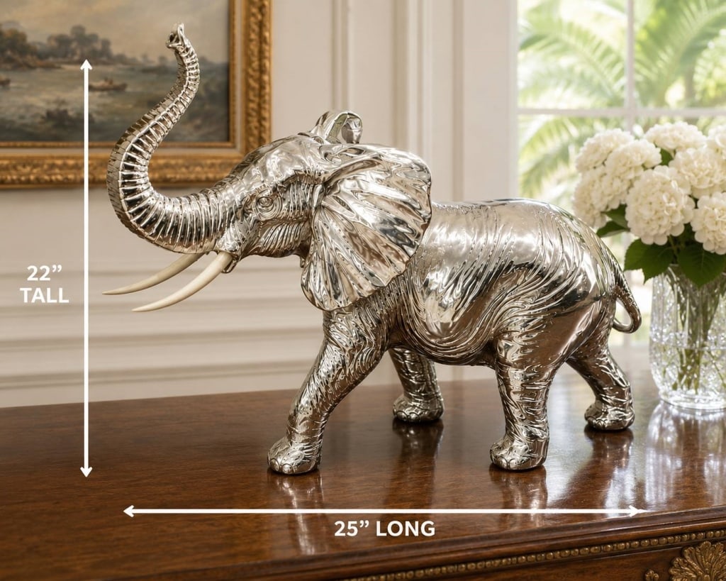 SILVER PLATED ELEPHANT SCULPTURE 22": SILVER ELEPHANT SCULPTURE 22" | -Very good pre owned condition | -Approx 22"h x 20"l | -Polished silver elephant sculpture with raised trunk symbolizing good luck and prosperity. Beautifully crafted w
