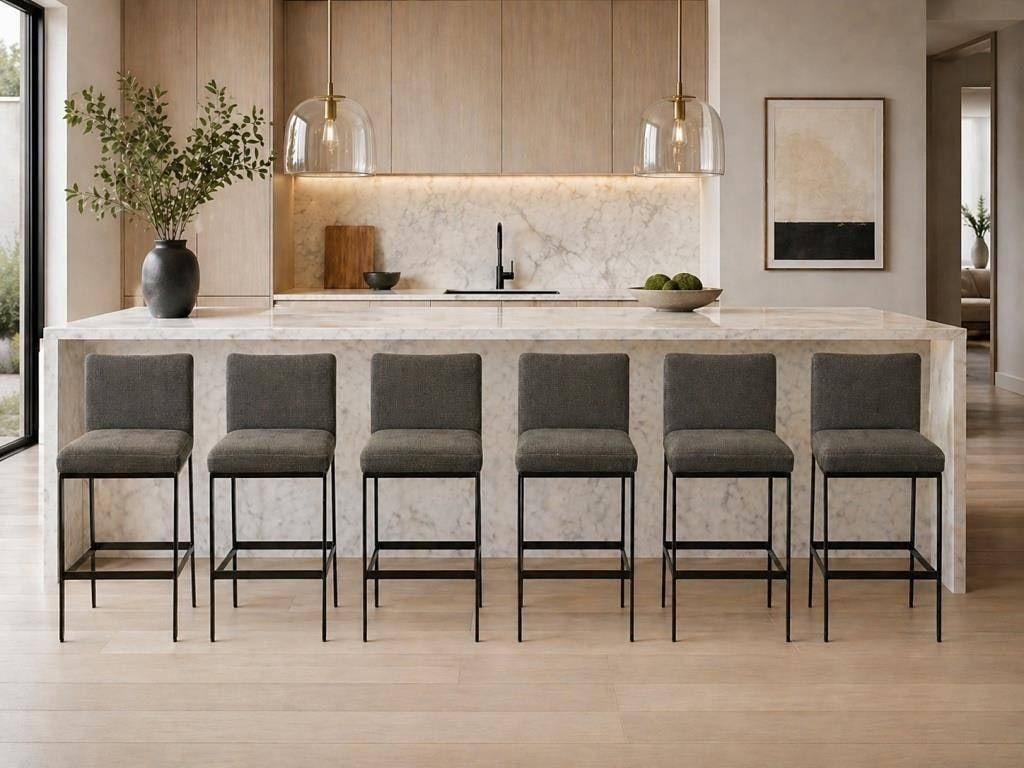 6 MODERN GRAY UPHOLSTERED BAR STOOLS 39": Stylish set of 6 modern counter height bar chairs featuring tailored gray textured upholstery, cushioned seats, square upholstered backs, and sleek black metal frames with integrated footrest bars.
