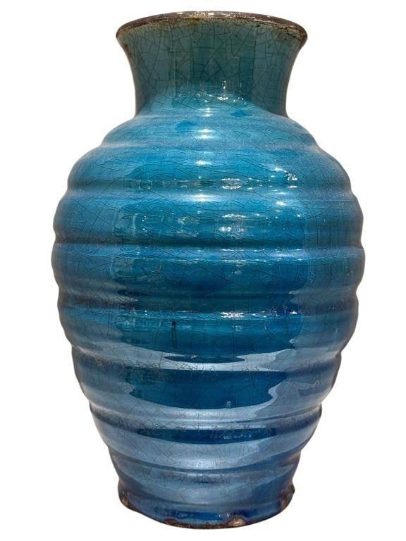 VTH BLUE CRACKLED GLAZED ART POTTERY 13" (1 of 5)