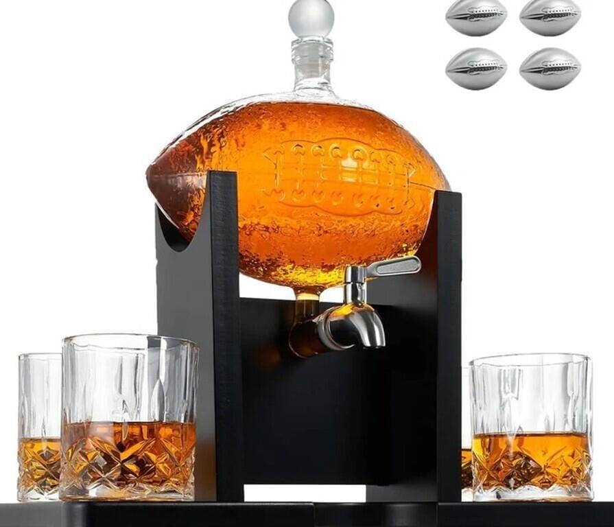 NEW IN BOX! FOOTBALL DECANTER SET W/TRAY GLASSES: The Football Decanter Set is a stunning homage to one of America's most beloved sports, combining the elegance of fine spirit enjoyment with the rugged charm of football. Whether displayed on a home b