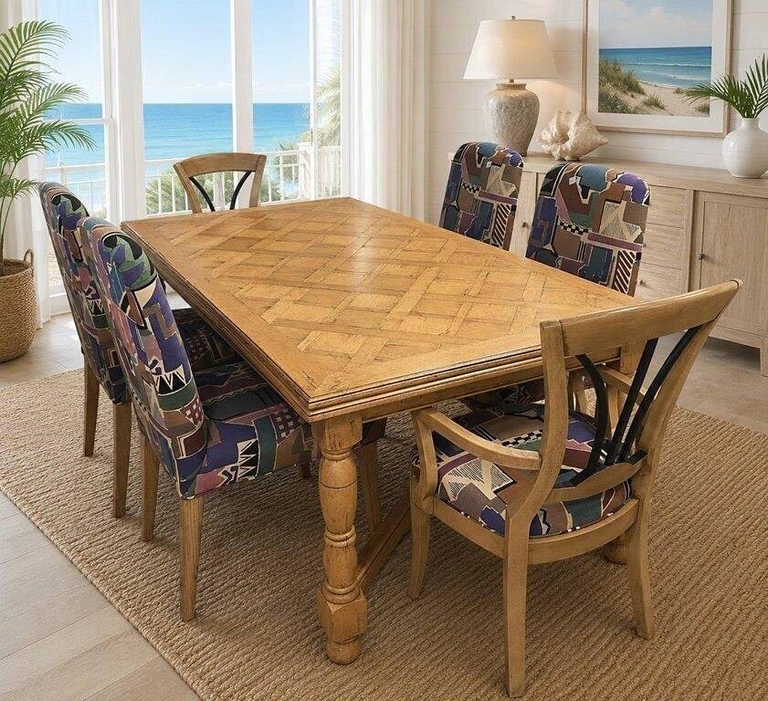 PARQUET TOP DINING TABLE & 6 CHAIRS 72": Classic dining room set featuring a rectangular parquet inlaid wood table accompanied by six coordinating dining chairs. The set includes four upholstered side chairs with bold geometric patterned fab