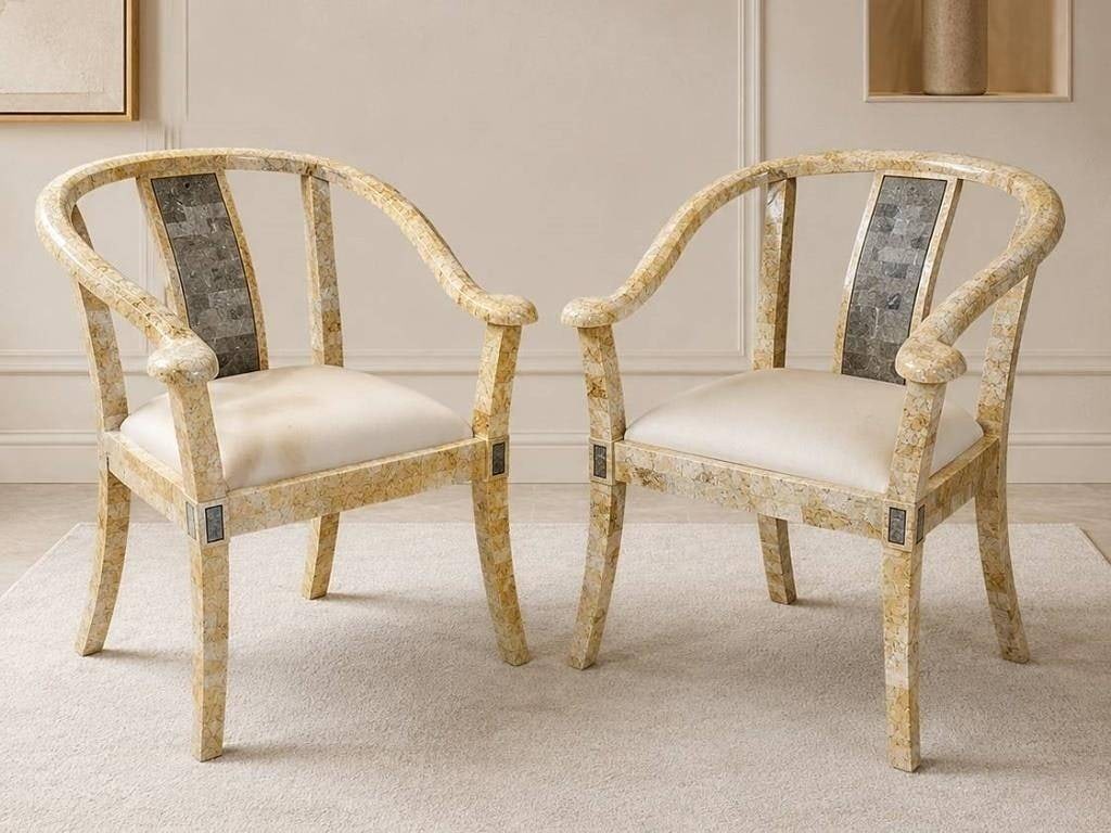 PAIR OF MARBLE STYLE MODERN BARREL CHAIRS 34": Marble style Art Deco Revival tub chairs featuring cream and black stone veneer with curved arms and cream upholstered seats. Unique design with striking contrast and elegant finish. See minor wear to