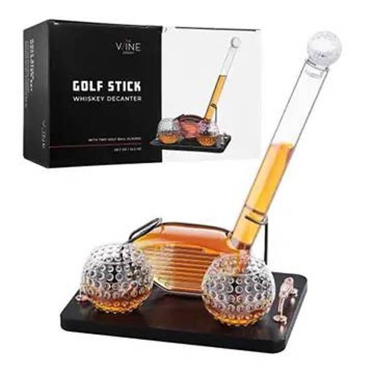 NEW IN BOX! GOLF CLUB DECANTER SET: New in box Golf Club Whiskey Decanter and 2 liquor glasses. The set features a 29 oz decanter crafted to resemble a golf club and two 15 oz glasses. Made from premium, crystal-clear glass, ideal for g