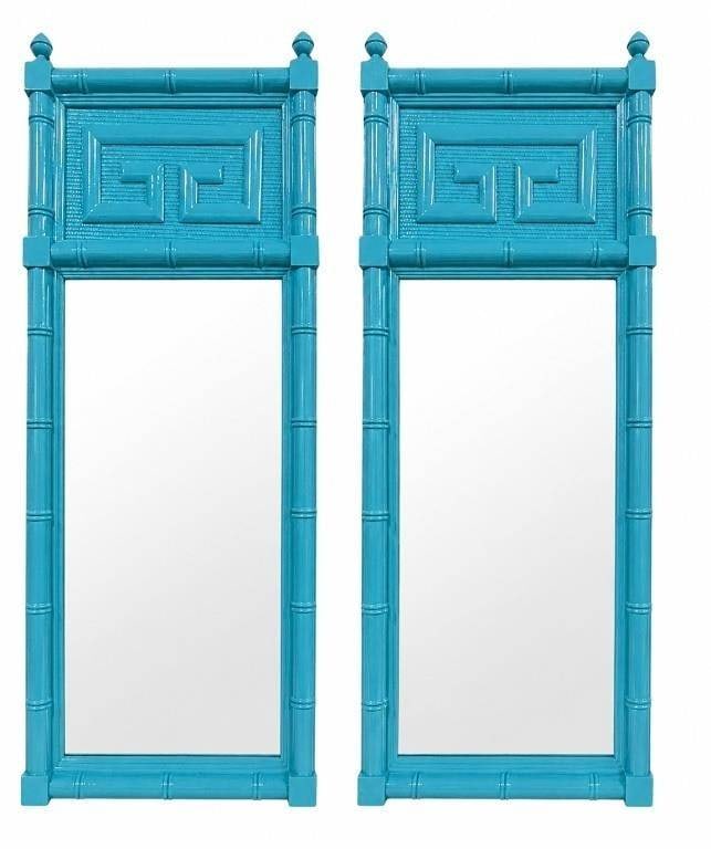 PR TURQUOISE FAUX BAMBOO CHINOISERIE MIRRORS 50": Striking pair of glossy turquoise wall mirrors featuring faux bamboo frames, raised geometric Greek key style panels, and decorative finial tops. The bold coastal color and Chinoiserie-inspired design