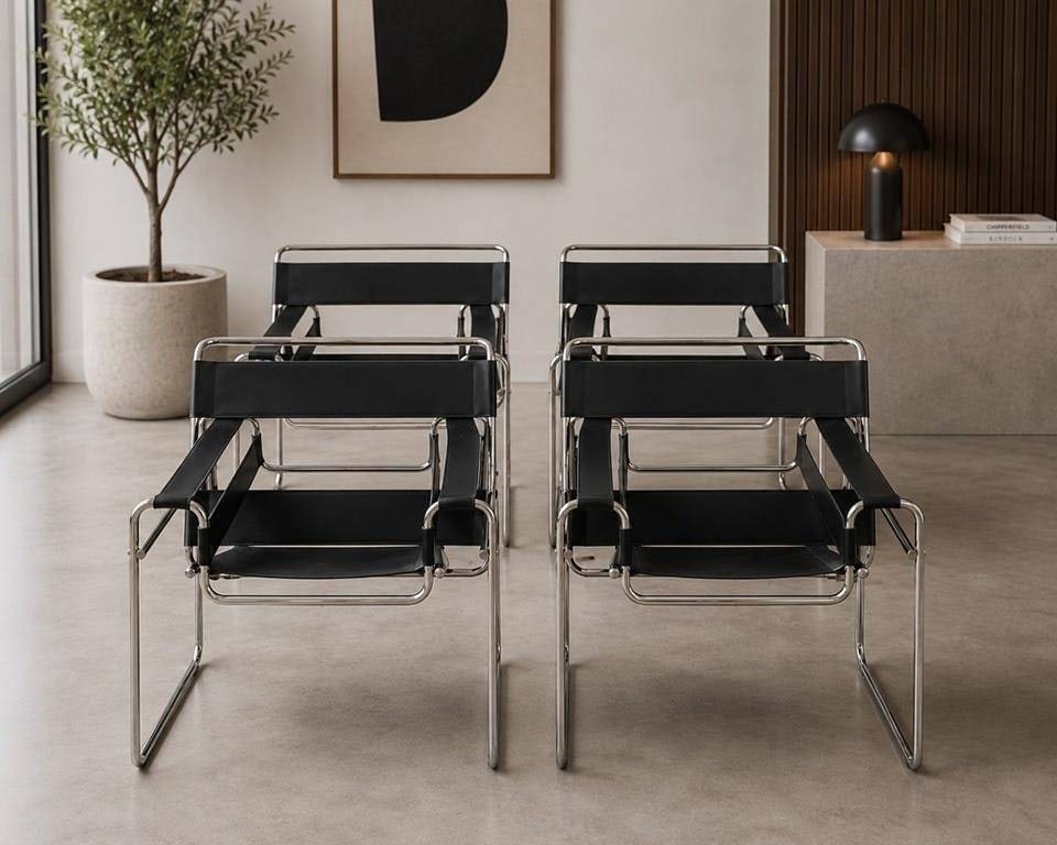 4 CHROME & BLACK LEATHER WASSILY STYLE CHAIRS (1 of 8)